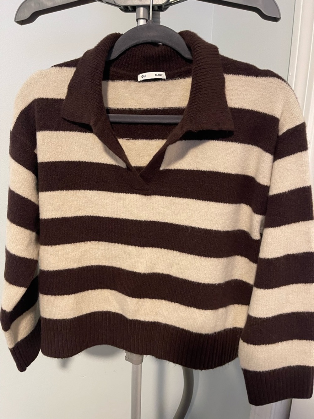 Women's Brown & Cream Striped Collared Top